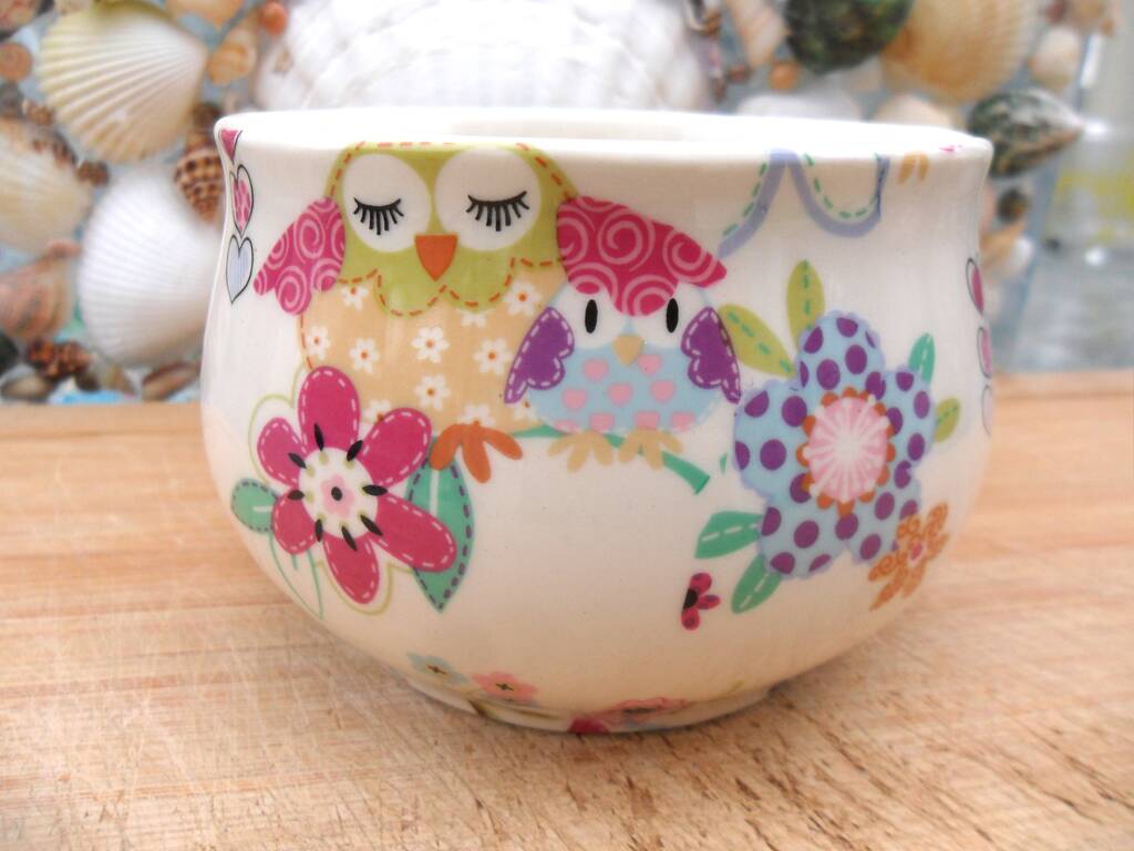 Open Sugar Bowls In Patchwork Owls Design, 1 of 12