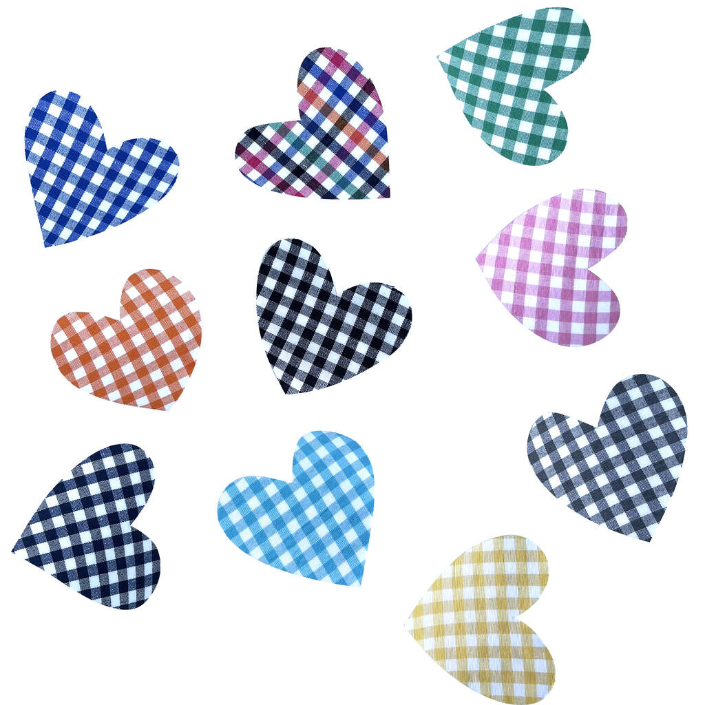 Gingham Iron On Applique Hearts Ten Colours Three Sizes, 1 of 3