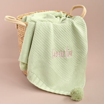 Personalised Sage Green Knitted Baby Blanket With Pom Poms, 5 of 9