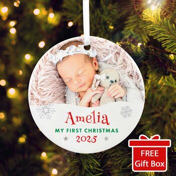 My First Christmas Photo Ceramic Disc Hanging Decoration Bauble + Gift Box, 4 of 8