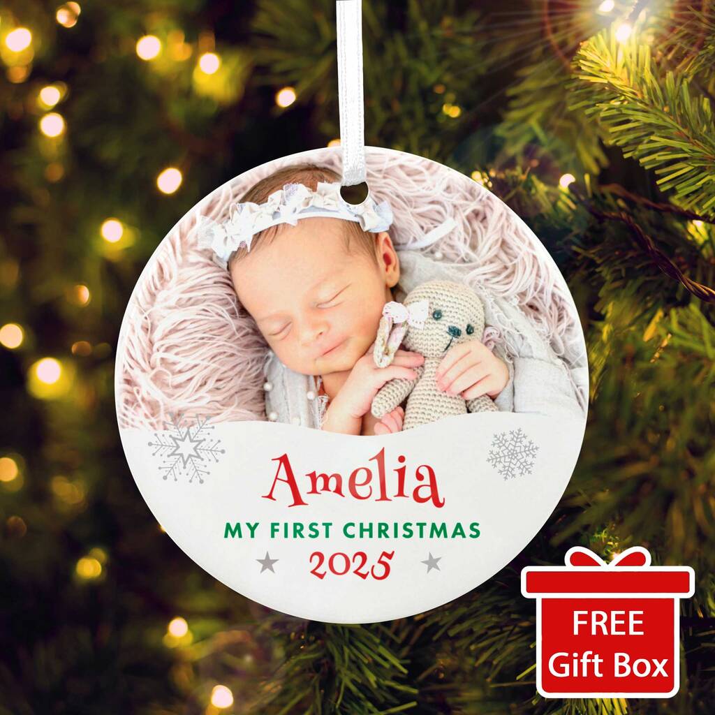 My First Christmas Photo Ceramic Disc Hanging Decoration Bauble + Gift Box, 1 of 5