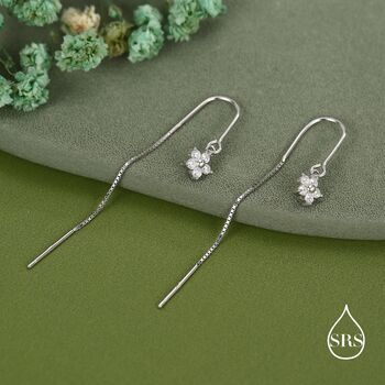 Sterling Silver Cz Flower U Shape Threader Earrings, 3 of 11