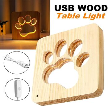 Cat Dog Paw Wood Carved LED Cute Night Light Lamp, 7 of 8