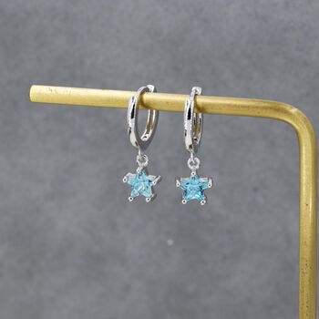 Sterling Silver Aqua Blue Cz Star Huggie Hoop Earrings, 7 of 12