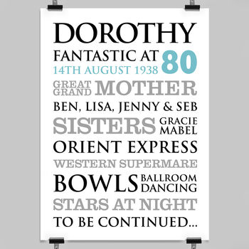 Personalised 80th Birthday Typographic Art Print, 6 of 11