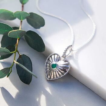 Heart Rays Green Onyx May Birthstone Sterling Silver Necklace, 3 of 7