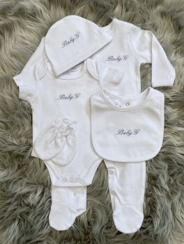 Newborn Baby Five Piece Embroidered Gift Set, 3 of 11