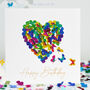 Birthday Butterfly Yellow Green And Purple Heart Card, thumbnail 1 of 12