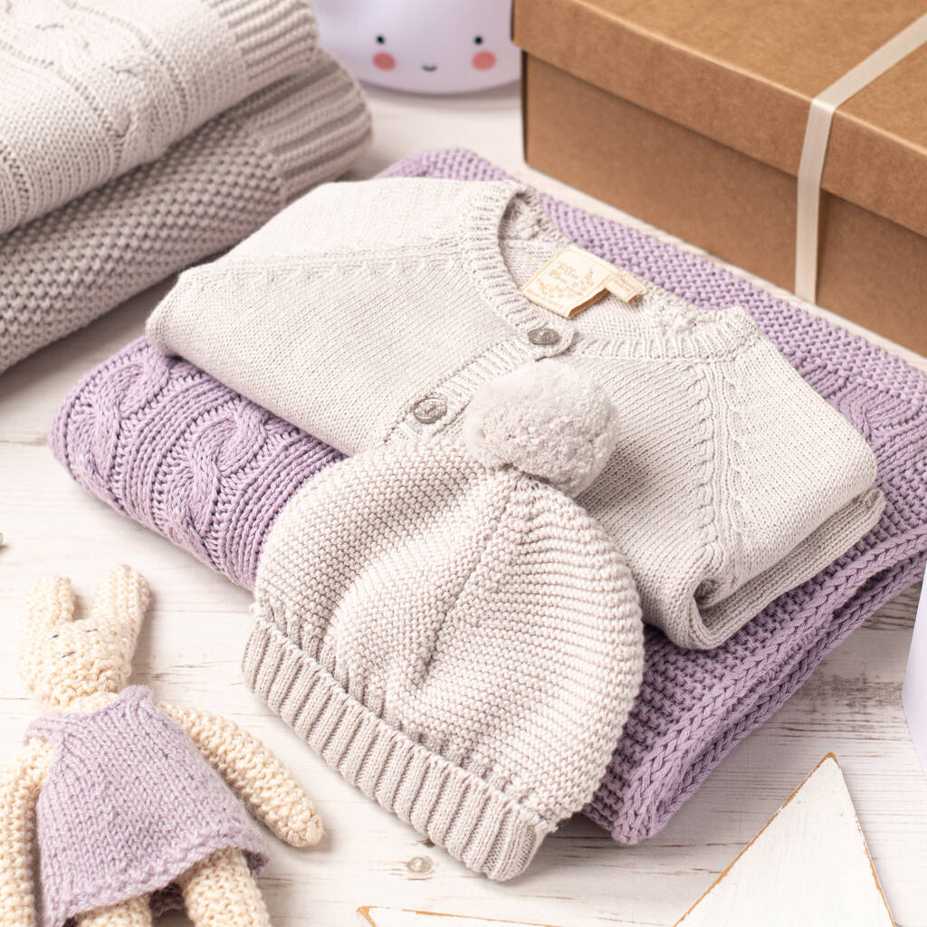 Luxury Baby Girl Purple And Grey Knitted Gift Box, 1 of 12