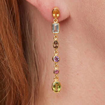 Multi Gemstone Gold Plated Silver Drop Stud Earrings, 2 of 9