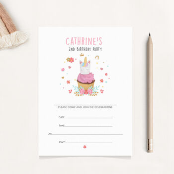 10 Unicorn Cupcake Party Personalised Invitations, 2 of 2