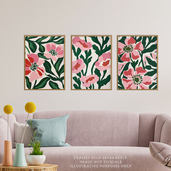 Set Three Wall Art Prints Pink Poppy Retro Boho, 3 of 7