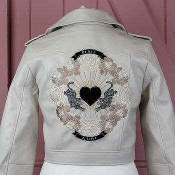 Cream Cropped Peace And Love Biker Moto Jacket, 2 of 9