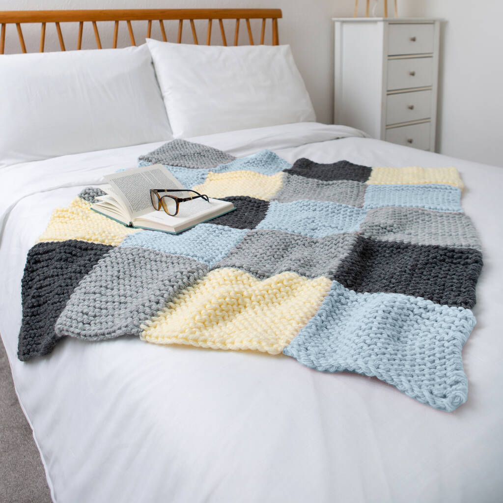 Chequered Blanket Knitting Kit Blue Breeze, 1 of 4