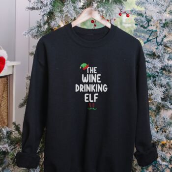 Black Christmas Jumper With ‘The Wine Drinking Elf’ Slogan, 5 of 6
