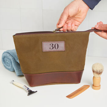30th Birthday Milestone Wash Bag, Canvas, Leather, 2 of 4