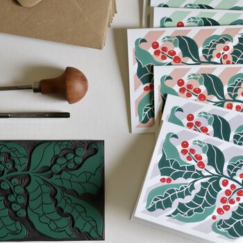 Candy Stripes And Holly Leaves Linocut Notecard Set Of Eight, 3 of 12