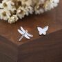 Mismatched Butterfly And Dragonfly Stud Earrings In Sterling Silver, thumbnail 1 of 12