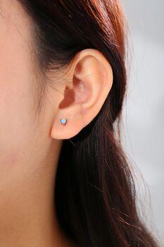 Sterling Silver Tiny White Opal Heart Stud Earrings, 5 of 9