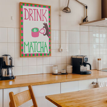 Drink Matcha Pink Green Checked Hand Painted Kitchen Print, 4 of 6