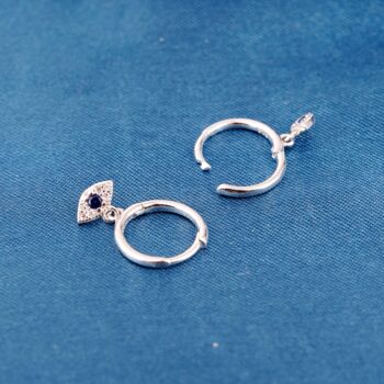 Silver Evil Eye Charm Hoop Earrings, Charm Earrings, Dainty Hoops, 5 of 7