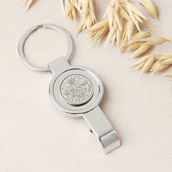 60th Birthday 1965 Or 1966 Sixpence Bottle Opener Keyring, 2 of 7