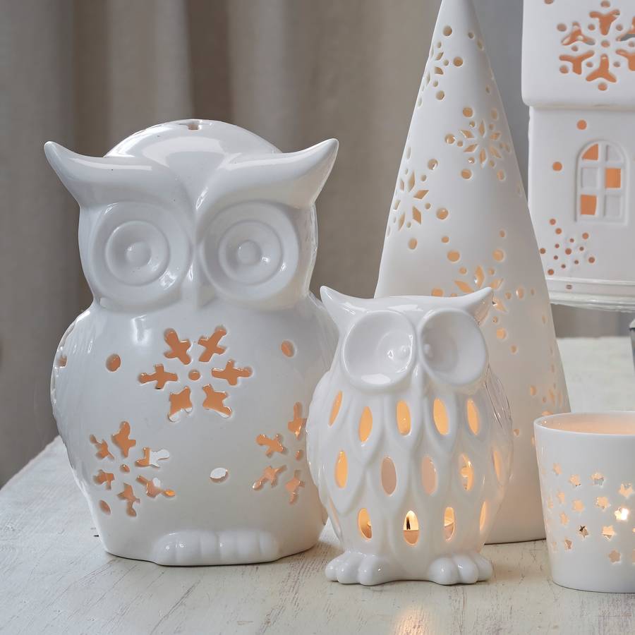white owl tea light holder by the christmas home