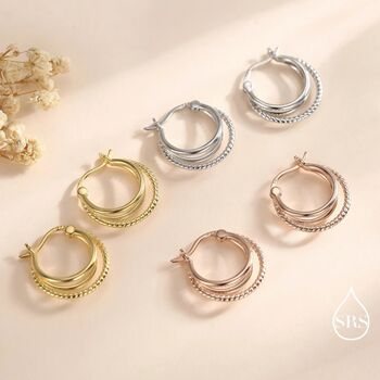 Sterling Silver Triple Hoop Effect Earrings, 6 of 11