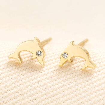 Stainless Steel Dolphin Stud Earrings In Gold Plating, 2 of 4