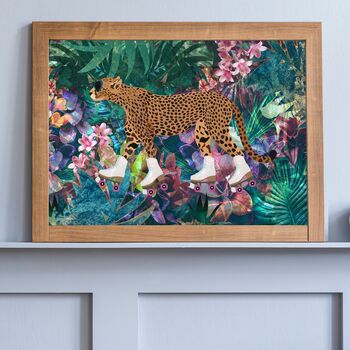 Cheetah In Rollerskating In Tropical Flower Jungle Wall Art Print, 2 of 4