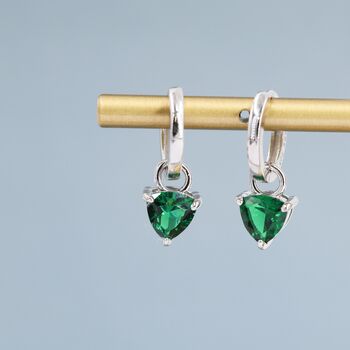 Sterling Silver Emerald Green Trillion Cut Cz Hoop Earrings, 7 of 12