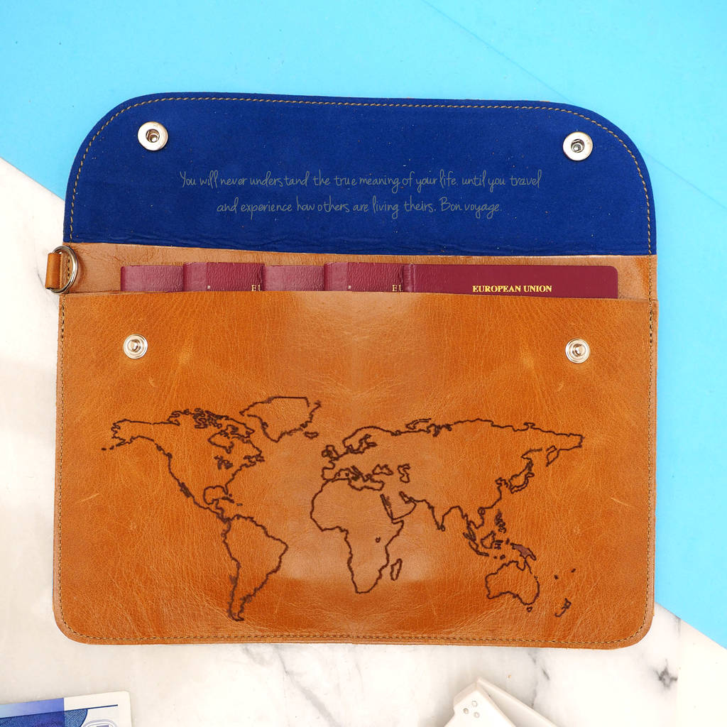 world map personalised leather family travel wallet by stabo