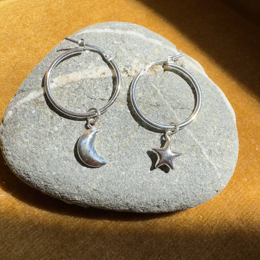 Star And Moon Sterling Silver Hoop Earrings By The London Earring Company