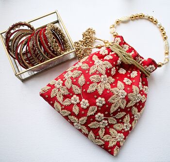 Chaya Red Silk Embellished Potli Bag, 2 of 2