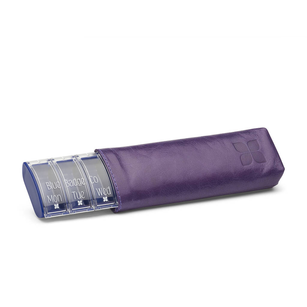 weekly pill box with stylish leather sleeve by blue badge co