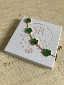 Old Plated Five Leaf Clover Charm Bracelet Gold Green, 6 of 6