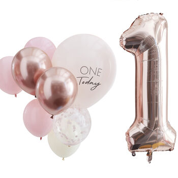 Pink And Rose Gold Gold First Birthday Balloons Bundle, 2 of 3