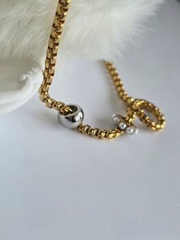 Gold Chunky Rolo Chain Necklace With Pearl Charm And Silver Bead Pendant, 8 of 12