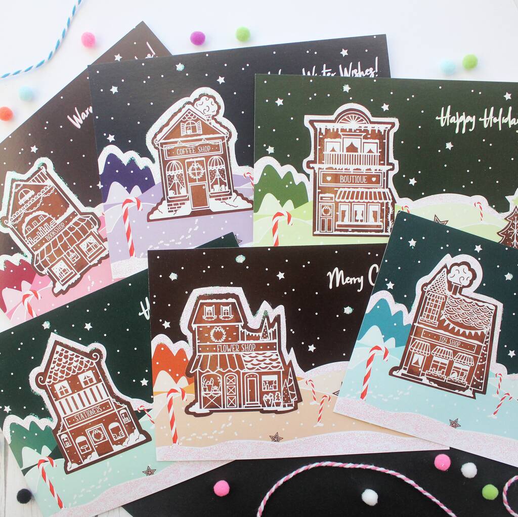 Christmas Glitter Postcard Set, Gingerbread Shops, 1 of 8