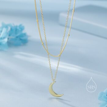 Sterling Silver Double Layer Moon Necklace With Satellite Chain, 3 of 11