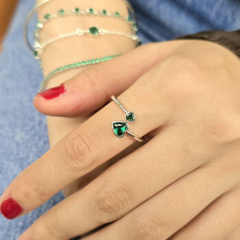 Duo Emerald Heart May Birthstone Adjustable Silver Ring, 2 of 4