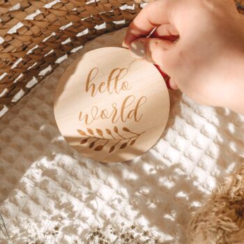 Wooden Baby Announcement Hello World Engraved Sign, 8 of 9