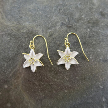 Lily White Flower Drop Hook Earrings, Gold Tone, 2 of 3