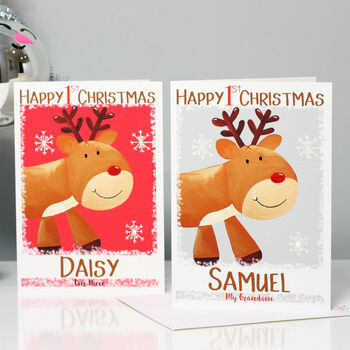 Personalised Reindeer Baby 1st Christmas Card, 7 of 11