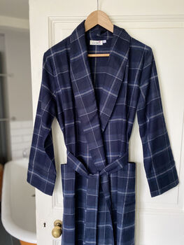 Ladies Brushed Cotton Dressing Gown In Dark Blue Check, 3 of 6