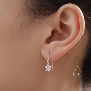 Sterling Silver Minimalist Snowflake Drop Hook Earrings, 2 of 11