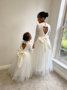 Long Sleeve Lace Flower Girl Dress – Heart Back Tulle Dress For Communion And Christening UK Handmade, 9 of 9