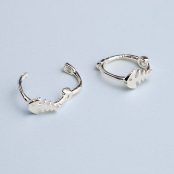 Sterling Silver Fishbone Huggie Hoop Earrings, 5 of 5