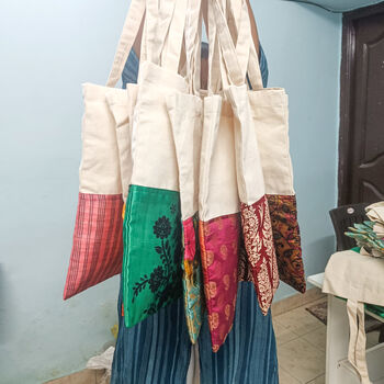 Colourful Half Sari Cotton Tote Bag, Fair Trade Shopping Bag Handmade In India, 7 of 7