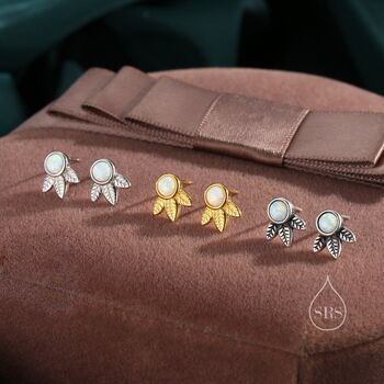 Sterling Silver White Opal And Leaf Motif Stud Earrings, 6 of 12